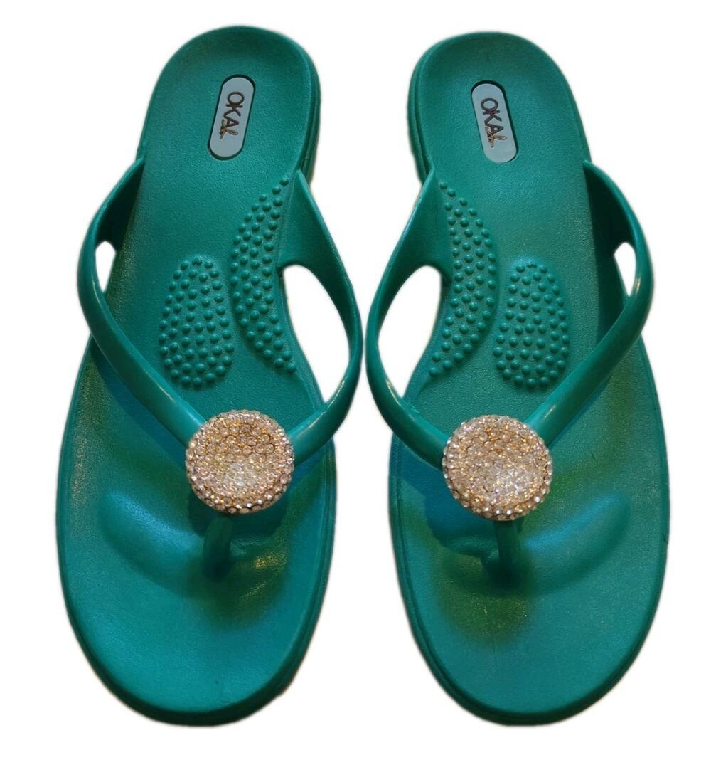 Oka-B Lucky Rhinestone Medallion Flip Flops Green Teal M Fits 7 NWOT Bling